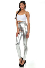Charger l'image dans la galerie, Woman wearing shiny metallic high-waist stretch leggings, USA-made fashion, stylish and bold, perfect fit showcased.