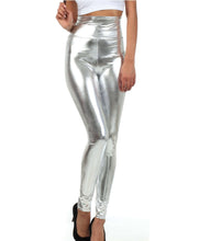 Charger l'image dans la galerie, Shiny high waist metallic stretch leggings in silver worn by model, made in USA, Sakkas brand.