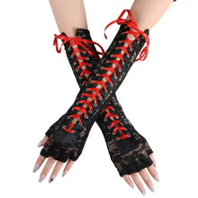 Charger l'image dans la galerie, Elegant black lace half-finger gloves with red ribbon, featuring delicate lace details and eye-catching design for stylish wear.