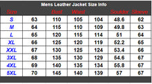 Load image into Gallery viewer, Mens vegan leather jacket size chart with bust, waist, shoulder, and sleeve measurements for sizes S to 5XL.