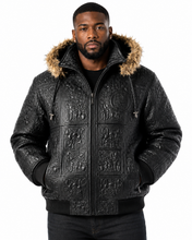Cargar imagen en el visor de la galería, Man wearing Original Detroit High Roller Jacket by REED with unique embossed design and fur collar, showcasing style and luxury.