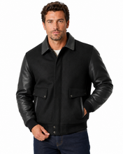Load image into Gallery viewer, Man wearing REED leather varsity bomber jacket with wool body and leather sleeves, made in USA, classic and stylish design.