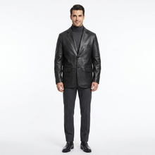 Load image into Gallery viewer, Man wearing a black Reed Blazer leather jacket on a white background