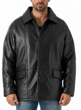 Load image into Gallery viewer, Man wearing a black leather jacket and blue jeans on a white background
