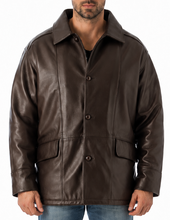 Load image into Gallery viewer, Man wearing a brown leather jacket and blue jeans on a white background
