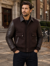 Load image into Gallery viewer, Men's Brown leather varsity bomber jacket with wool body and leather sleeves, modeled by a man. Made in USA, classic and stylish design.