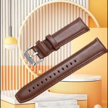 Load image into Gallery viewer, Brown leather watch band crafted from Italian calf skin with hand-stitched edges, displayed on a stylish, modern background.