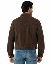Cargar imagen en el visor de la galería, Model wearing a back REED Men's Western Jean Style Suede Leather Shirt Jacket, showcasing a sleek and sophisticated masculine look.