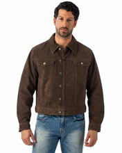 Cargar imagen en el visor de la galería, Model wearing REED Men's Western Jean Style Suede Leather Shirt Jacket, showcasing a sleek and sophisticated masculine look.