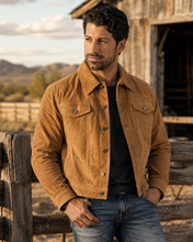 Cargar imagen en el visor de la galería, Model wearing a camel REED Men's Western Jean Style Suede Leather Shirt Jacket