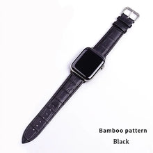 Charger l'image dans la galerie, Black leather Apple Watch band with bamboo pattern, designed for Series 1-5, offers a stylish and elegant upgrade for any occasion.
