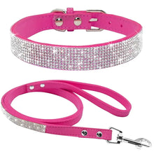 Load image into Gallery viewer, Sparkling pink leather dog collar and leash set with rhinestone accents, offering style and durability for pet accessories.