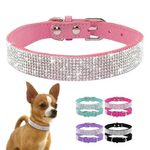 Load image into Gallery viewer, Sparkling adjustable leather puppy cat collars in pink, turquoise, purple, and black with rhinestone detailing, stylish and comfortable.