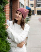 Charger l'image dans la galerie, Woman wearing NEW HAAKWEAR H-Stitch Cuffed Beanie - Designed and Made in USA (Patented Design) - Rusty Burgundy outdoors