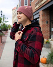 Charger l'image dans la galerie, Man wearing NEW HAAKWEAR H-Stitch Cuffed Beanie - Designed and Made in USA (Patented Design) - Rusty Burgundy outdoors