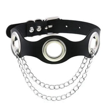 Load image into Gallery viewer, Stylish black leather choker necklace with metallic round accents and chain details.