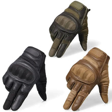 Load image into Gallery viewer, Touchscreen leather motorcycle gloves in black, brown, and olive green options offering comfort and control for riders.