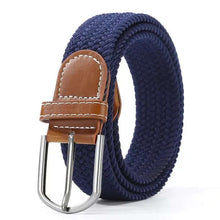 Load image into Gallery viewer, Elastic leather belt with alloy buckle, vegan, blue fabric design, brown accents, imported, stylish and comfortable.