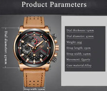 Load image into Gallery viewer, Lige Watch Edited with brown strap, black dial, product specifications include 47mm diameter and quartz movement in alloy case.