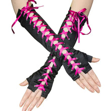 Charger l'image dans la galerie, Black elbow-length half-finger gloves with pink lace-up design, adding edgy elegance to any outfit. Perfect for a gothic or punk look.