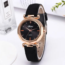 Load image into Gallery viewer, Fashion women leather casual watch with black strap, rose gold case, quartz dial, and vegan leather, perfect for stylish daily wear.
