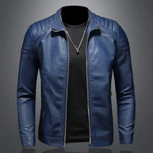 Load image into Gallery viewer, Men's vegan leather motorcycle jacket in blue with black shirt, offering style and protection for bikers.