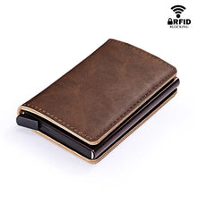 Cargar imagen en el visor de la galería, RFID Lock Vintage Automatic Leather Credit Card Holder in brown vegan leather, featuring sturdy aluminium design and sleek, slim profile.