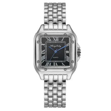 Charger l'image dans la galerie, Luxury silver watch with black dial and blue hands, ideal for couples, features Roman numerals and link bracelet for timeless elegance.