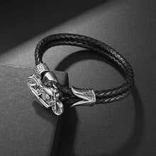 Cargar imagen en el visor de la galería, Classic hand woven black vegan leather bracelet with intricate silver motorcycle charm, perfect for men seeking stylish and elegant accessories.