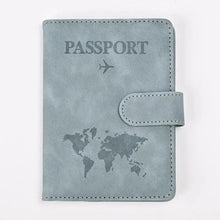 Load image into Gallery viewer, Gray PU leather passport and card holder with world map design and secure clasp, perfect for stylish and organized travel.