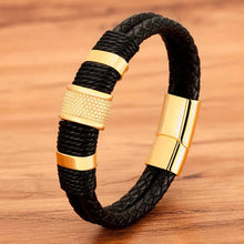 Load image into Gallery viewer, XQNI Men's Double Layer Woven Leather Bracelet with gold stainless steel clasp, stylish and durable men's accessory.