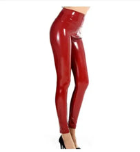 Cargar imagen en el visor de la galería, Red high waist latex patent leather leggings with zip up bodycon styling, perfect for a night out. Vegan leather, imported.