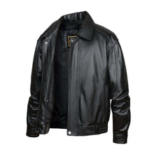 Load image into Gallery viewer, REED Men's American Style Bomber Jacket in black genuine leather, featuring sleek and durable design for timeless style and luxury.