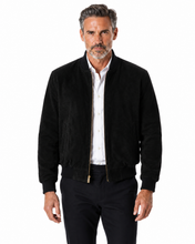Cargar imagen en el visor de la galería, REED Men's Baseball Suede Leather Jacket on model, showcasing durable suede and classic styling for fall and spring wear.
