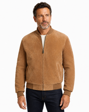 Cargar imagen en el visor de la galería, REED Men's Baseball Suede Leather Jacket on model, showcasing durable suede and classic styling for fall and spring wear.