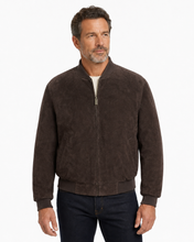 Cargar imagen en el visor de la galería, REED Men's Baseball Suede Leather Jacket on model, showcasing durable suede and classic styling for fall and spring wear.