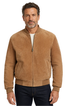 Cargar imagen en el visor de la galería, REED Men's Baseball Suede Leather Jacket on model, showcasing durable suede and classic styling for fall and spring wear.