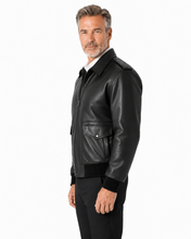 Charger l'image dans la galerie, REED Men's Bomber Leather Jacket, Union Made in USA, Classic Style, Durable Naked Cow Leather, Model Wearing Jacket Side View