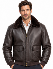 Charger l'image dans la galerie, REED Men's Premium Leather Aviator Bomber Jacket worn by model, featuring classic style and durable imported leather.