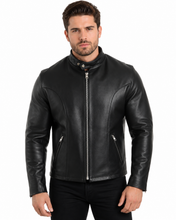 Load image into Gallery viewer, REED Men's Premium Leather Motorcycle Jacket, Black, made in USA, featuring naked cow leather and adjustable side buckle for bikers