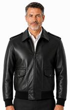 Charger l'image dans la galerie, REED Men's black skin Bomber Leather Jacket, Union Made in USA, Classic Style, Durable Naked Cow Leather, Model Wearing Jacket Side View