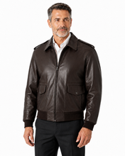 Charger l'image dans la galerie, REED Men's brown Bomber Leather Jacket, Union Made in USA, Classic Style, Durable Naked Cow Leather, Model Wearing Jacket Side View