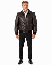 Charger l'image dans la galerie, REED Men's brown skin Bomber Leather Jacket, Union Made in USA, Classic Style, Model Wearing Jacket Side View
