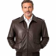 Charger l'image dans la galerie, REED Men's brown classic Bomber Leather Jacket, Union Made in USA, Classic Style, Model Wearing Jacket