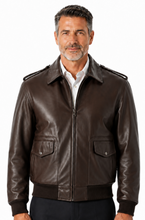 Charger l'image dans la galerie, REED Men's brown skin Bomber Leather Jacket, Union Made in USA, Classic Style, Durable Naked Cow Leather, Model Wearing Jacket Side View