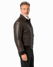 Charger l'image dans la galerie, REED Men's brown skin side Bomber Leather Jacket, Union Made in USA, Classic Style, Model Wearing Jacket Side View