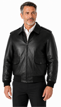Charger l'image dans la galerie, REED Men's Bomber Leather Jacket, Union Made in USA, Classic Style, Durable Naked Cow Leather, Model Wearing Jacket Side View
