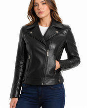 Charger l'image dans la galerie, REED Women's Black Lambskin Leather Biker Jacket, classic motorcycle style