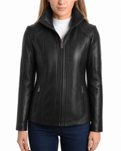 Charger l'image dans la galerie, REED Women's black genuine lambskin leather jacket with stand up collar, sleek design, high-quality finish, and front zip-up closure.