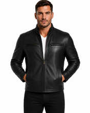 Cargar imagen en el visor de la galería, REED men's lambskin leather jacket with stand-up collar, front zip closure, black